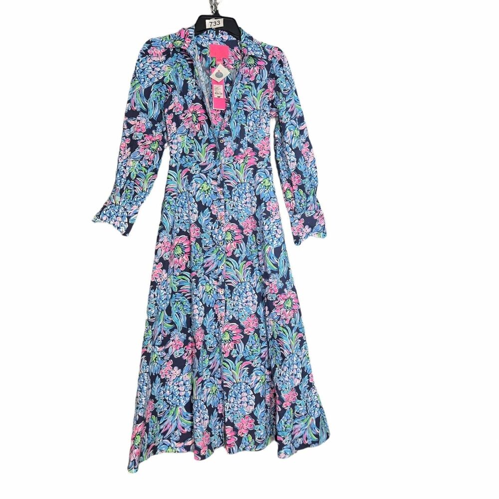 Lilly Pulitzer Mira Stretch Shirtdress Womens 00 High Tide Navy Pineapple NWT